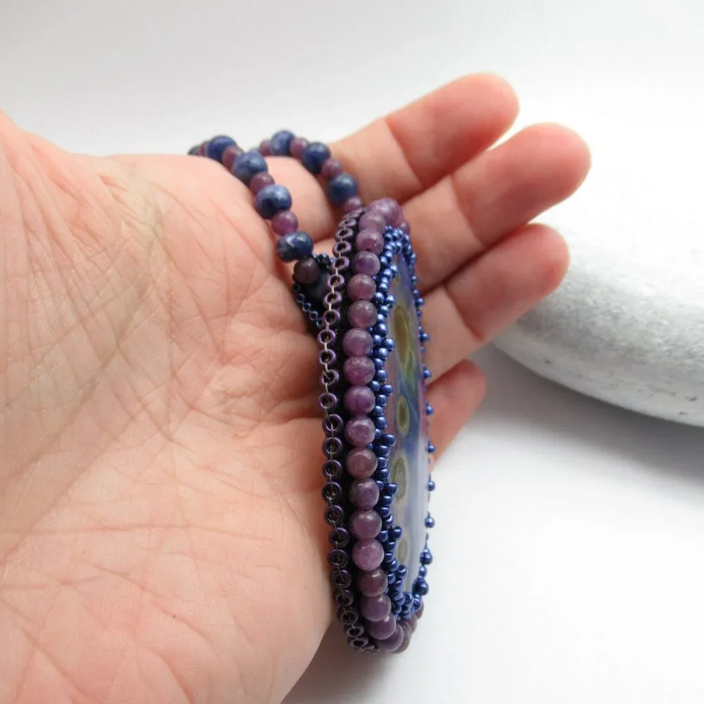 Artisan Bead embroidered cabochon on Sodalite and Lepidolite necklace